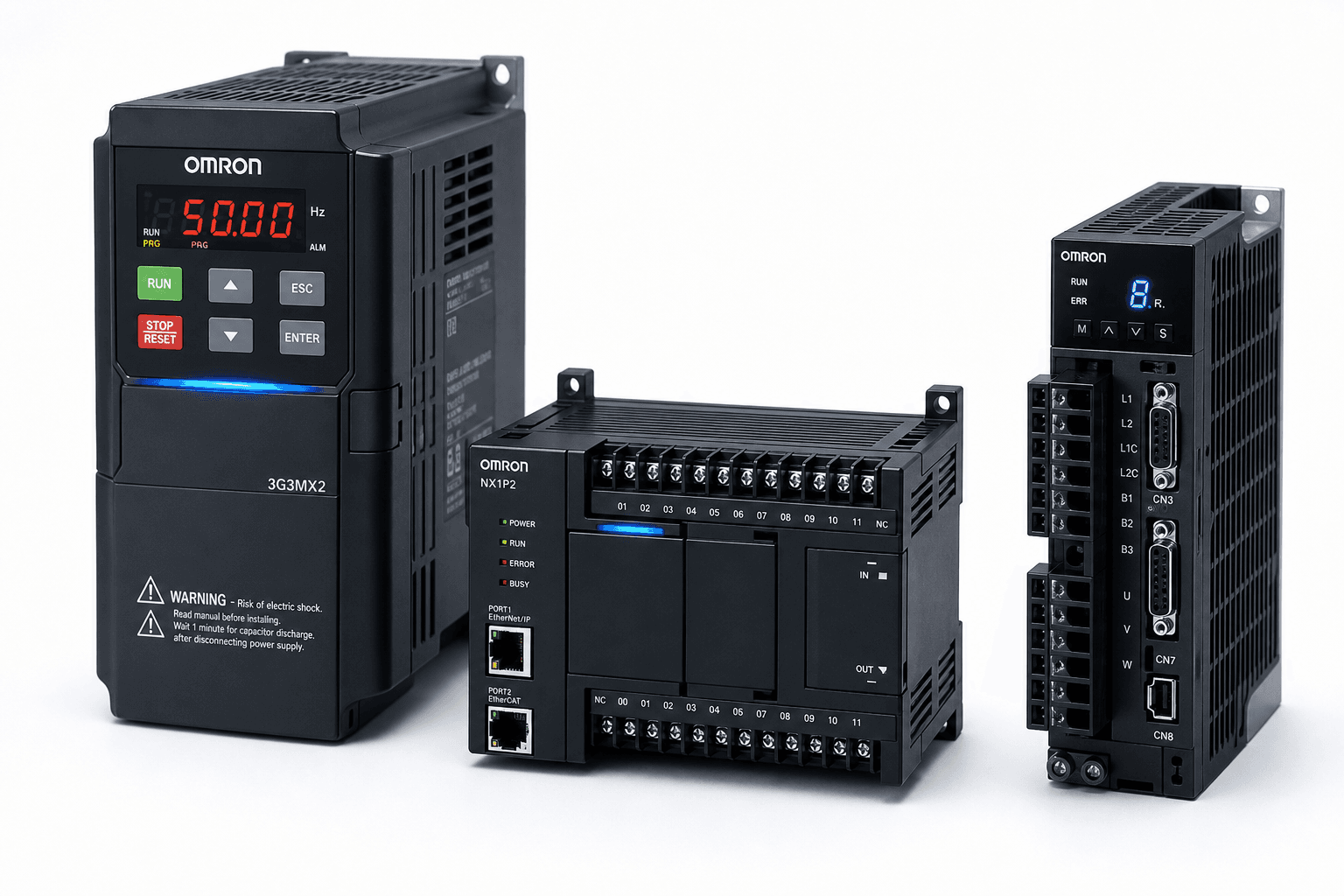 Industrial automation and control components — drives, sensors, and PLCs