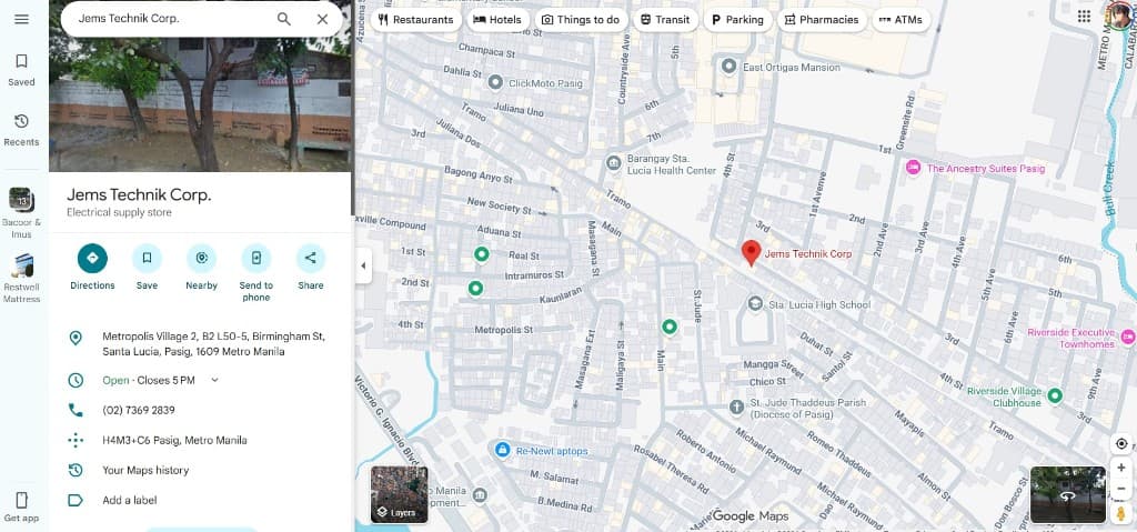 Google Maps — JEMS TECHNIK CORP. on Birmingham St., Santa Lucia, Pasig, Metro Manila